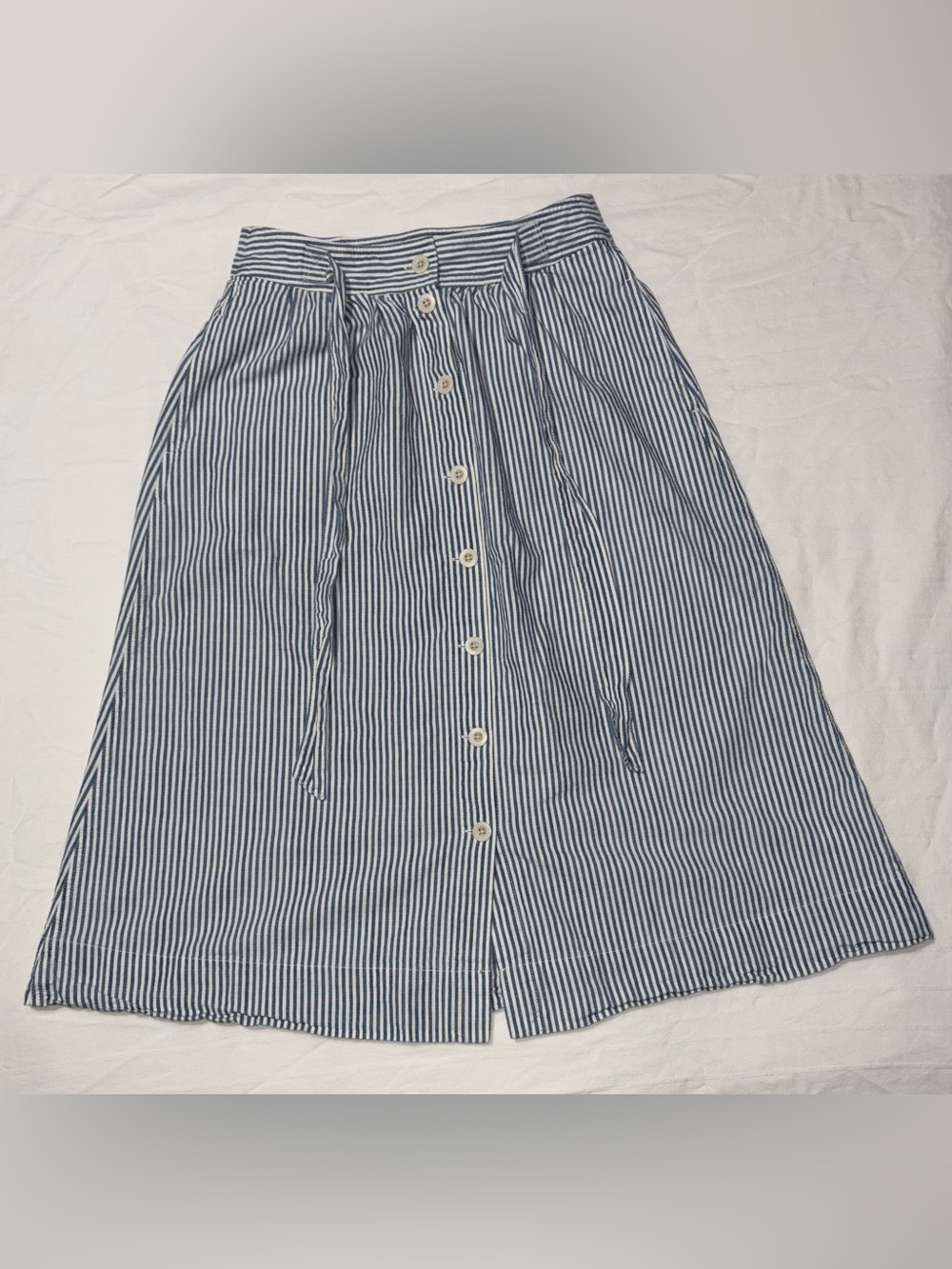 Madewell Blue and White Striped Button-Front Midi Skirt